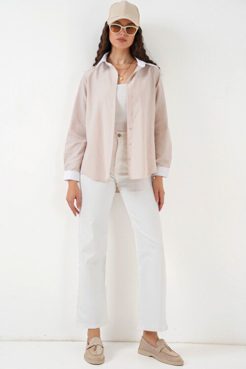 Merterium Kadın Çizgili Gömlek 20288 - Krem