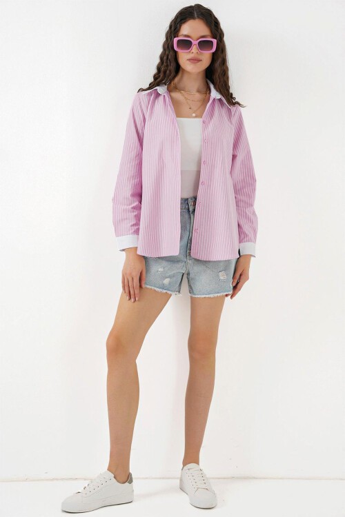 Merterium Kadın Çizgili Gömlek 20288 - Pembe