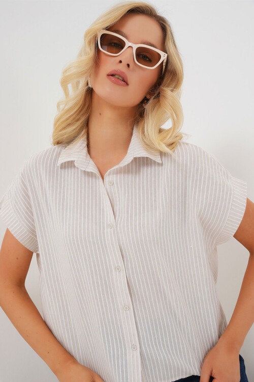 Merterium Kadın Çizgili Kısa Kol Gömlek 20324 - Krem
