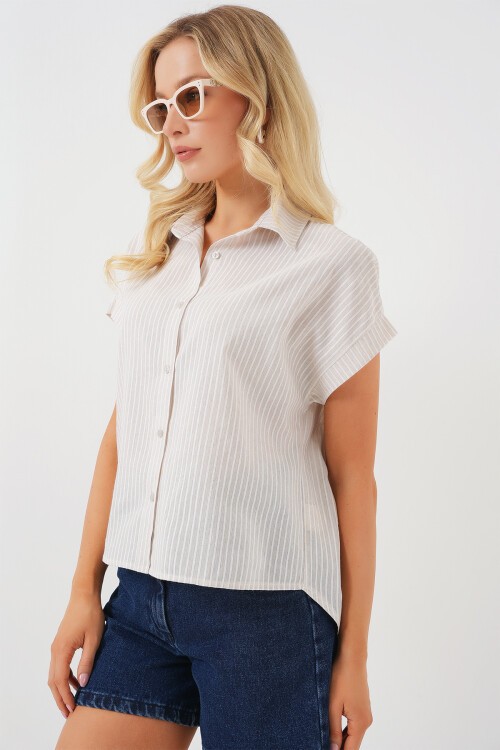 Merterium Kadın Çizgili Kısa Kol Gömlek 20324 - Krem