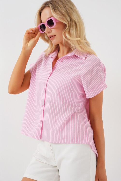 Merterium Kadın Çizgili Kısa Kol Gömlek 20324 - Pembe