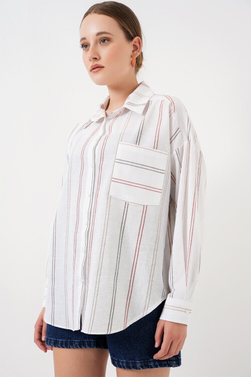 Merterium Kadın Çizgili Oversize Gömlek 20278 - B.Beyaz