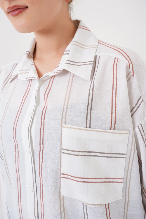 Merterium Kadın Çizgili Oversize Gömlek 20278 - B.Beyaz