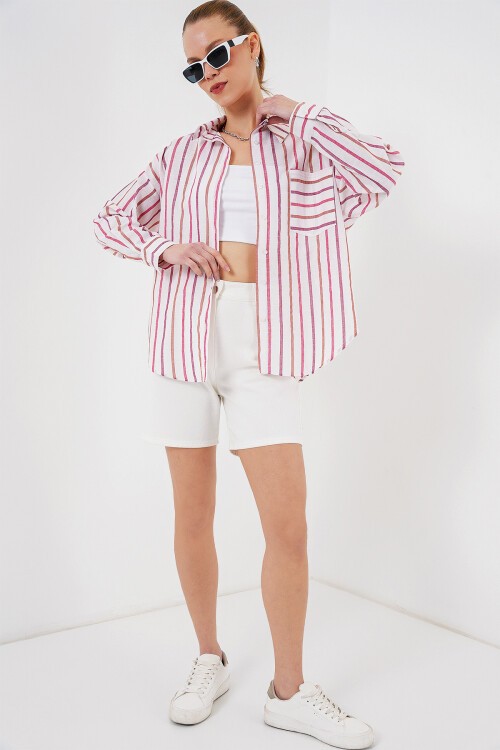 Merterium Kadın Çizgili Oversize Gömlek 20278 - Kırmızı