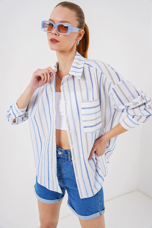 Merterium Kadın Çizgili Oversize Gömlek 20278 - Mavi