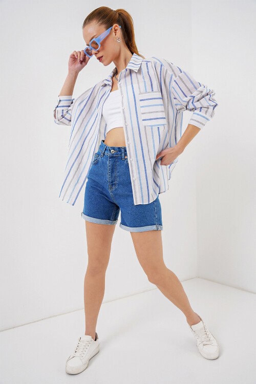 Merterium Kadın Çizgili Oversize Gömlek 20278 - Mavi