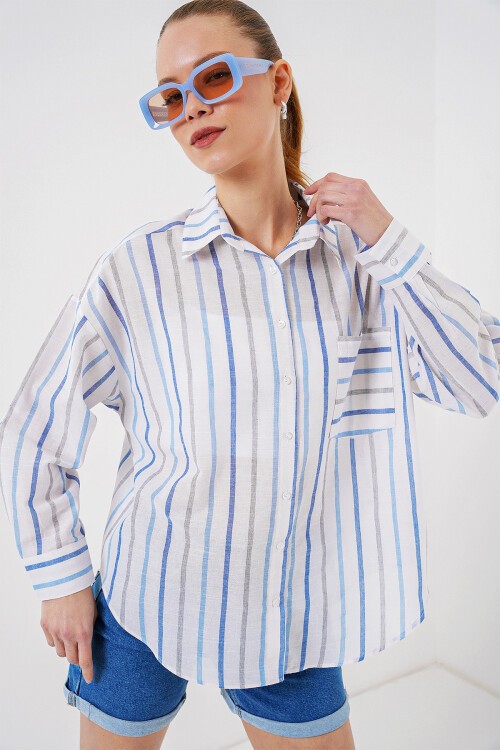 Merterium Kadın Çizgili Oversize Gömlek 20278 - Mavi