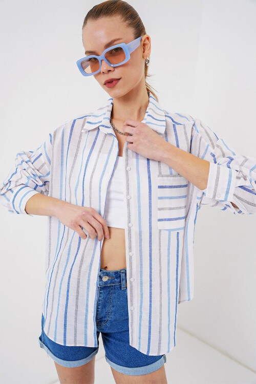 Merterium Kadın Çizgili Oversize Gömlek 20278 - Mavi