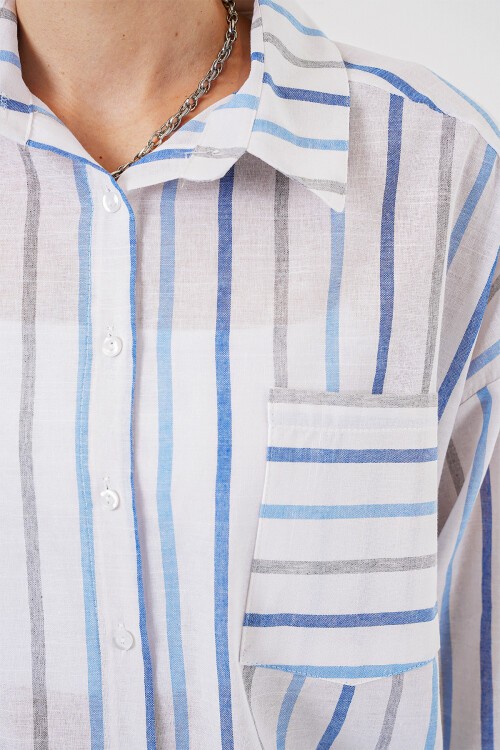 Merterium Kadın Çizgili Oversize Gömlek 20278 - Mavi