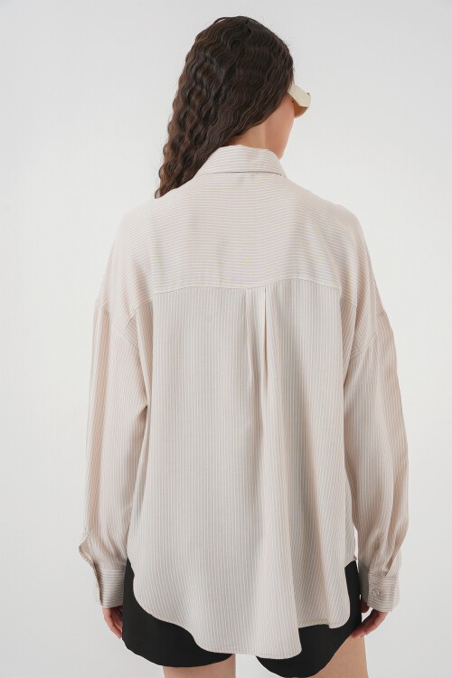 Merterium Kadın Çizgili Oversize Gömlek 20295 - Krem