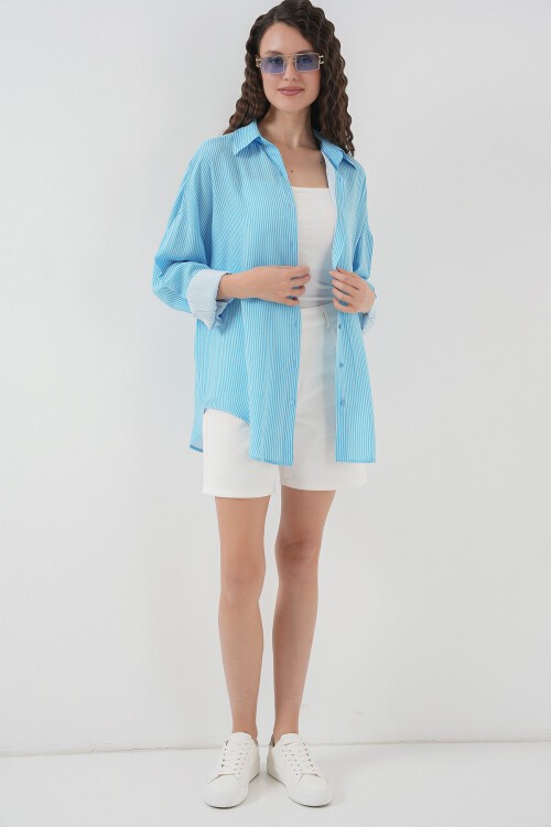 Merterium Kadın Çizgili Oversize Gömlek 20295 - Mavi