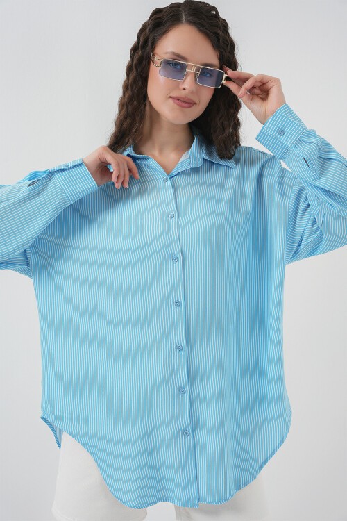 Merterium Kadın Çizgili Oversize Gömlek 20295 - Mavi