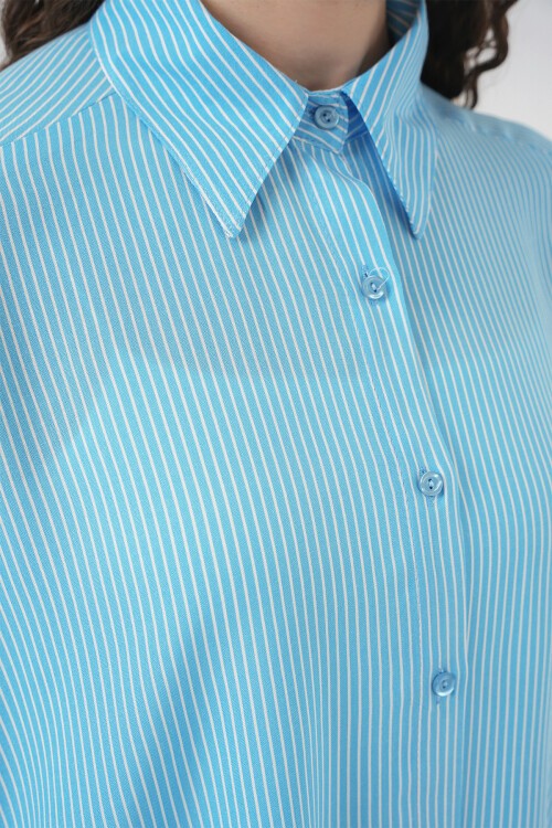 Merterium Kadın Çizgili Oversize Gömlek 20295 - Mavi