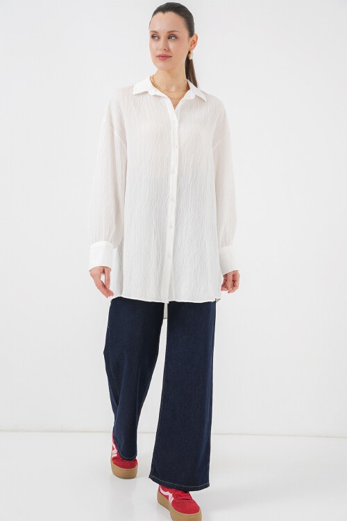 Merterium Kadın Çizgili Uzun Gömlek Tunik 5963 - Beyaz