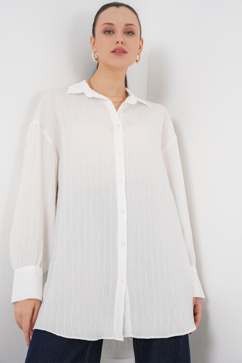 Merterium Kadın Çizgili Uzun Gömlek Tunik 5963 - Beyaz
