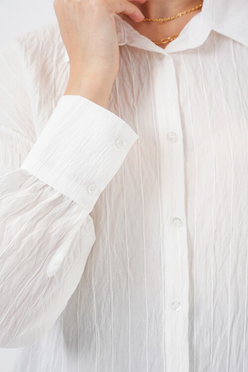 Merterium Kadın Çizgili Uzun Gömlek Tunik 5963 - Beyaz