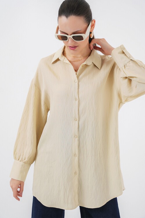 Merterium Kadın Çizgili Uzun Gömlek Tunik 5963 - Krem