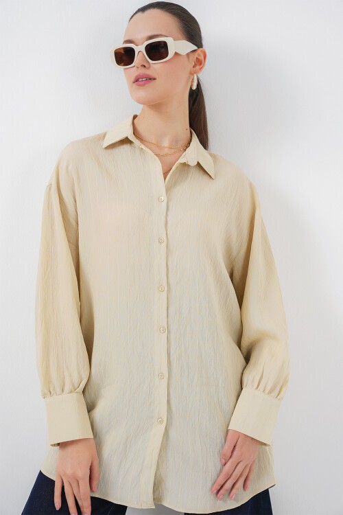 Merterium Kadın Çizgili Uzun Gömlek Tunik 5963 - Krem