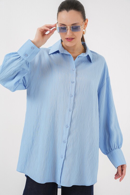 Merterium Kadın Çizgili Uzun Gömlek Tunik 5963 - Mavi