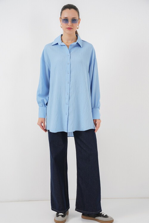 Merterium Kadın Çizgili Uzun Gömlek Tunik 5963 - Mavi