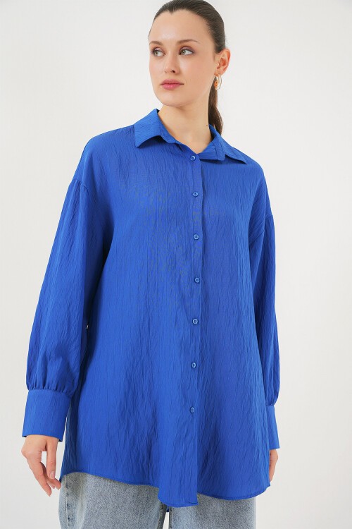 Merterium Kadın Çizgili Uzun Gömlek Tunik 5963 - Saks