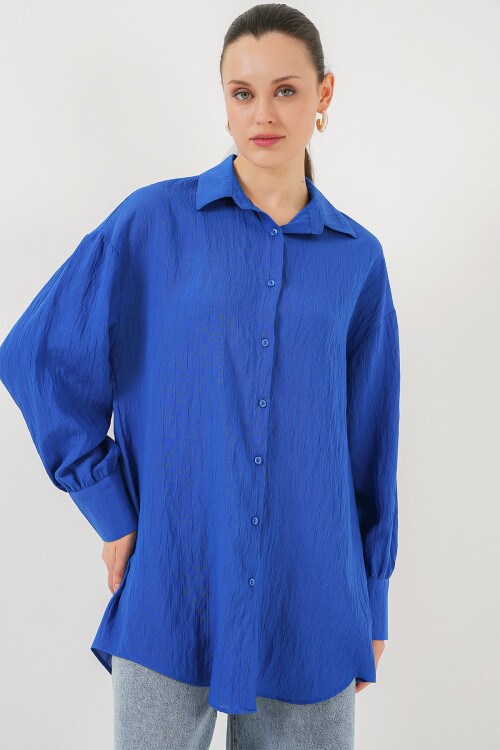 Merterium Kadın Çizgili Uzun Gömlek Tunik 5963 - Saks