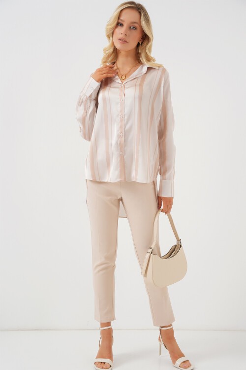 Merterium Kadın Çizgili Uzun Saten Gömlek 20291 - Bej