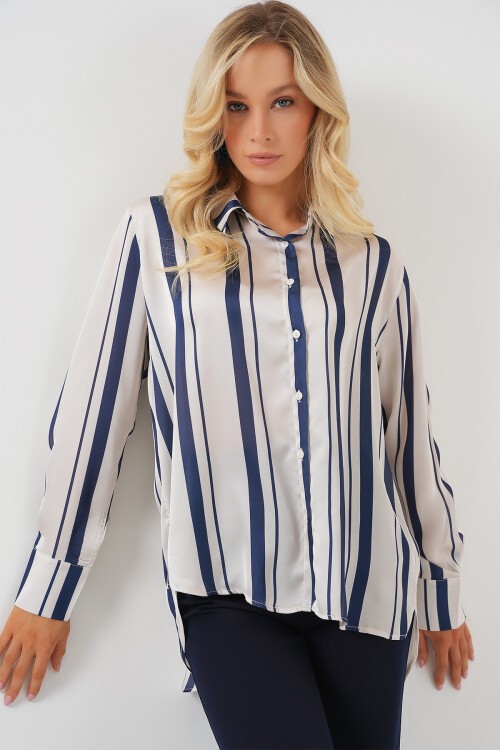 Merterium Kadın Çizgili Uzun Saten Gömlek 20291 - Lacivert