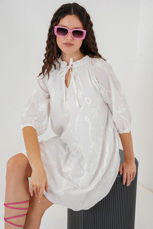 Merterium Kadın Desenli Kısa Elbise 2528 - Beyaz