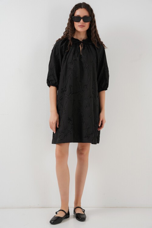 Merterium Kadın Desenli Kısa Elbise 2528 - Siyah