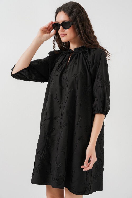 Merterium Kadın Desenli Kısa Elbise 2528 - Siyah