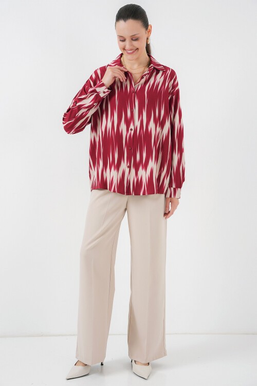 Merterium Kadın Desenli Oversize Gömlek 20301 - Kırmızı