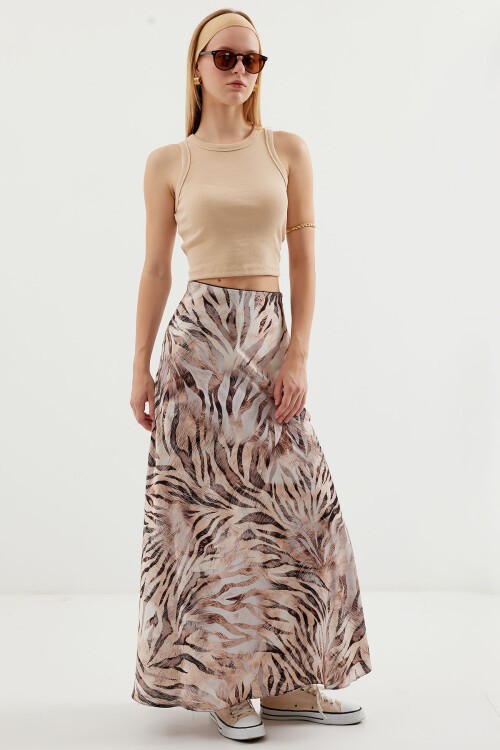 Merterium Kadın Desenli Saten Etek 15877 - Bej