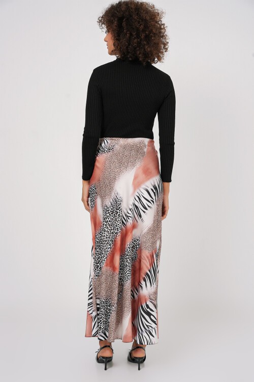 Merterium Kadın Desenli Saten Etek 15877 - Turuncu