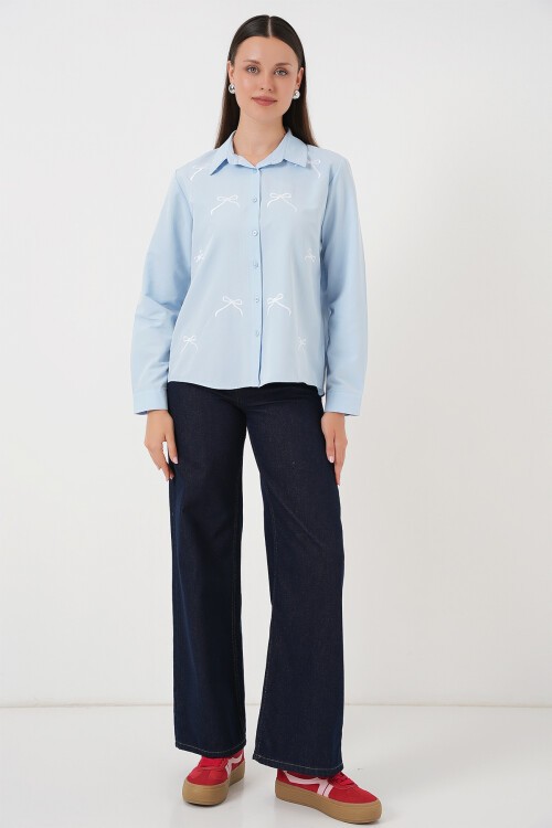 Merterium Kadın Fiyonk Detay Gömlek 20311 - Mavi