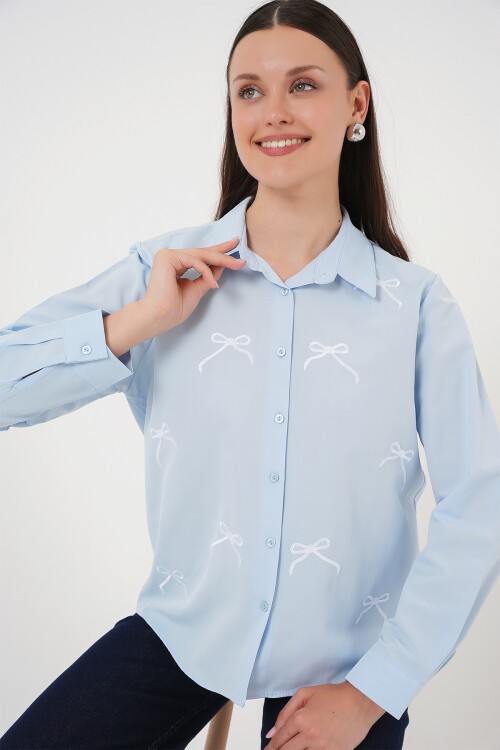 Merterium Kadın Fiyonk Detay Gömlek 20311 - Mavi