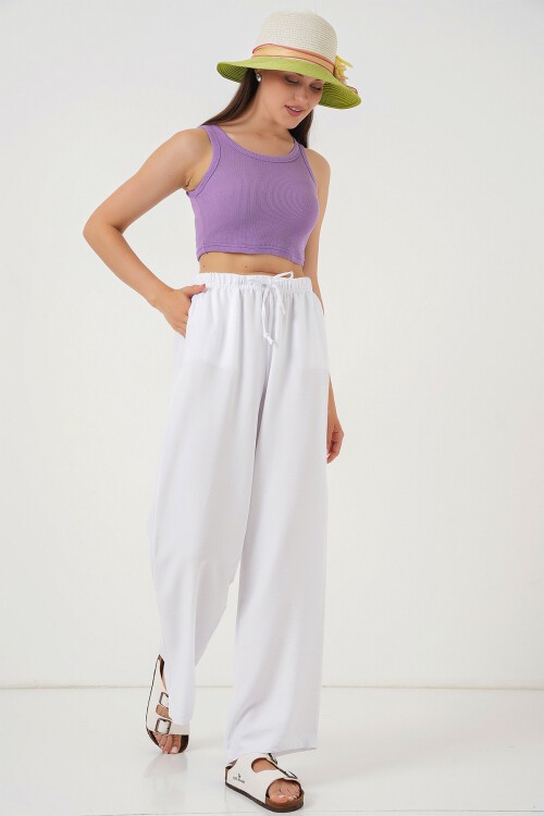 Merterium Kadın Geniş Paça Keten Pantolon 6735 - Beyaz
