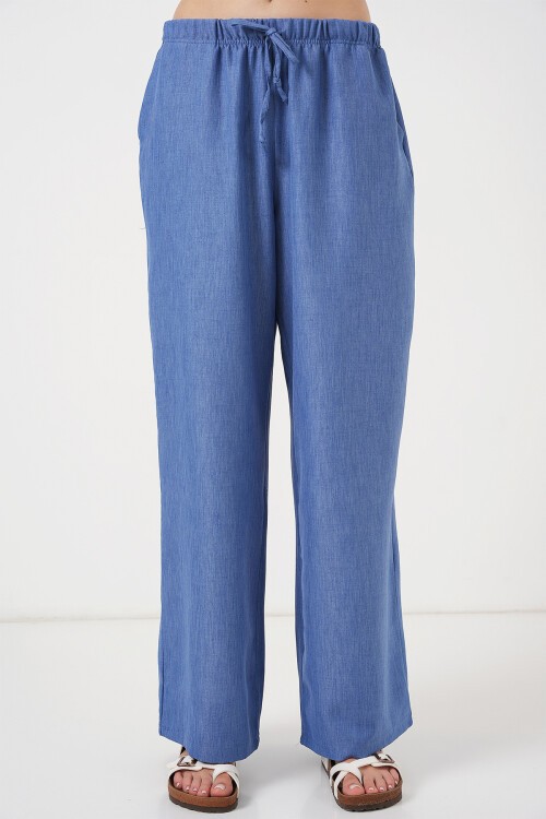 Merterium Kadın Geniş Paça Keten Pantolon 6735 - İndigo