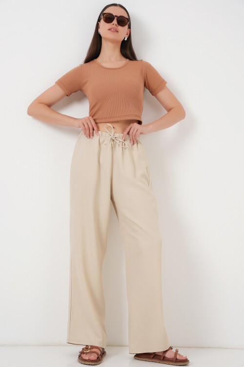 Merterium Kadın Geniş Paça Keten Pantolon 6735 - Krem
