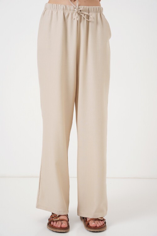 Merterium Kadın Geniş Paça Keten Pantolon 6735 - Krem