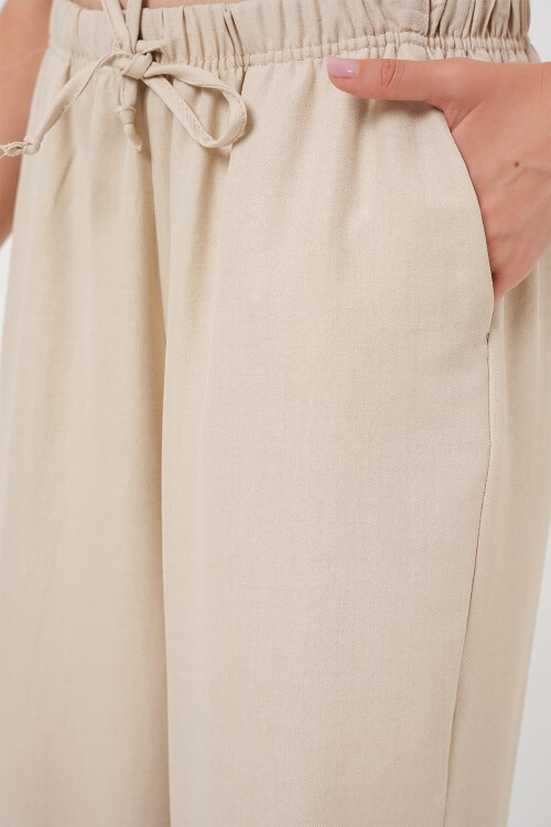 Merterium Kadın Geniş Paça Keten Pantolon 6735 - Krem