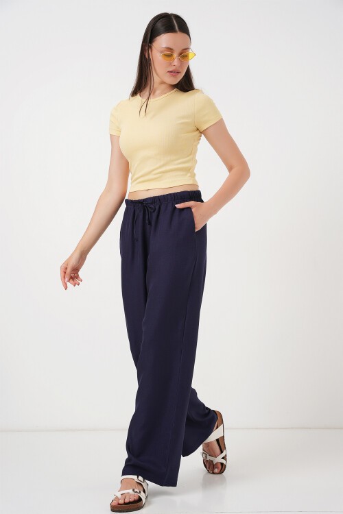 Merterium Kadın Geniş Paça Keten Pantolon 6735 - Lacivert