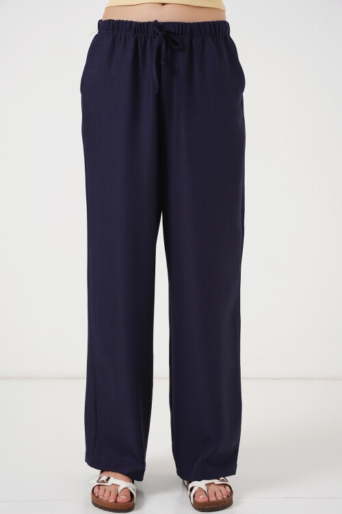 Merterium Kadın Geniş Paça Keten Pantolon 6735 - Lacivert