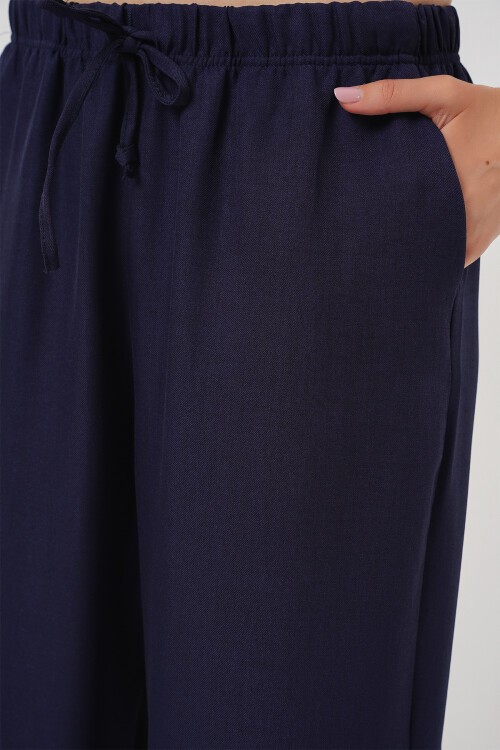 Merterium Kadın Geniş Paça Keten Pantolon 6735 - Lacivert