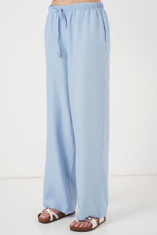 Merterium Kadın Geniş Paça Keten Pantolon 6735 - Mavi