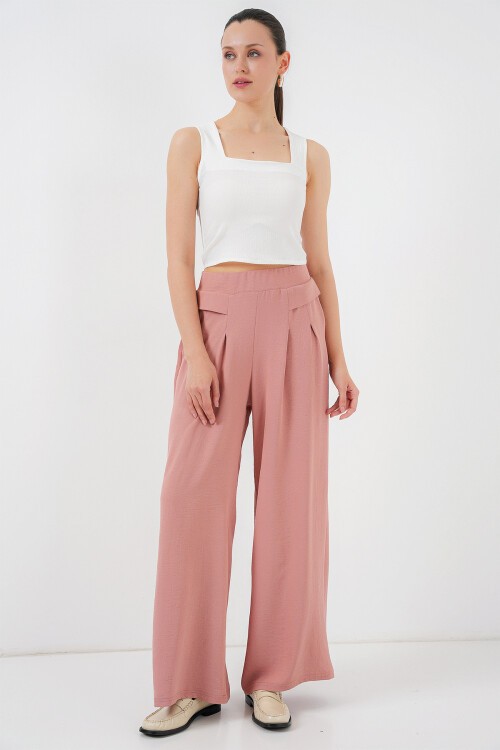 Merterium Kadın Geniş Paça Pileli Pantolon 6718 - Gül Kurusu