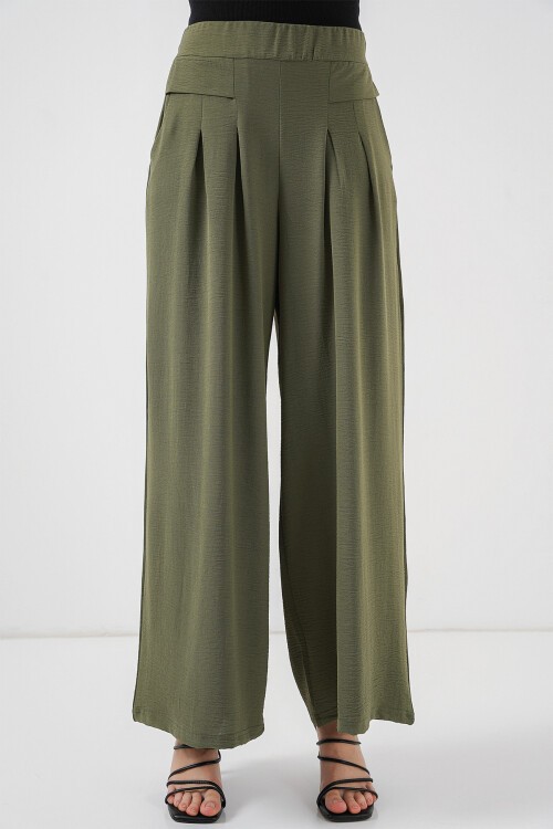 Merterium Kadın Geniş Paça Pileli Pantolon 6718 - Haki