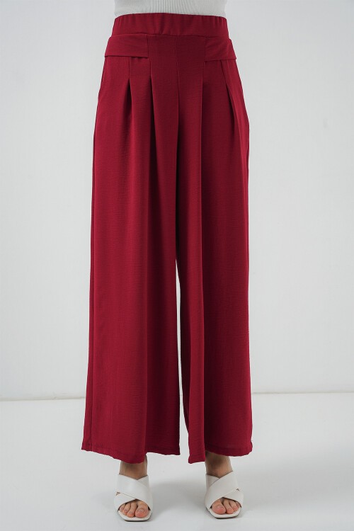 Merterium Kadın Geniş Paça Pileli Pantolon 6718 - Kırmızı