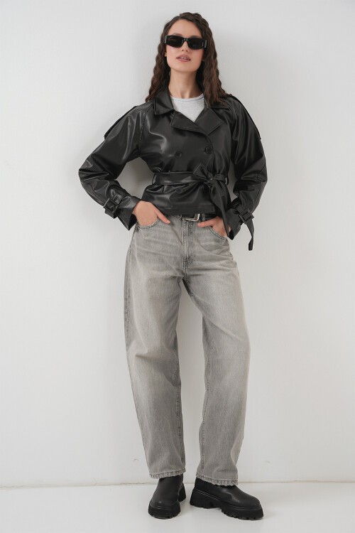 Merterium Kadın Kemerli Suni Deri Ceket 1046 - Siyah