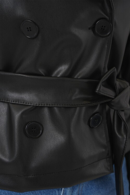 Merterium Kadın Kemerli Suni Deri Ceket 1046 - Siyah